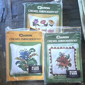 Vintage Caron Crewel Embroidery Kit Lot of 3 Floral Pillow Kits New in Package